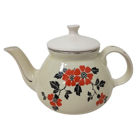 Vintage Hall Pottery Poppy Tea Pot With Silver Trim Mid Century Modern Retro - Picture 1 of 9